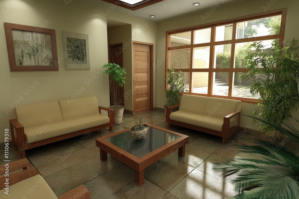 Fototapeta premium Serene Modern Living Room With Wooden Furnishings And Plants
