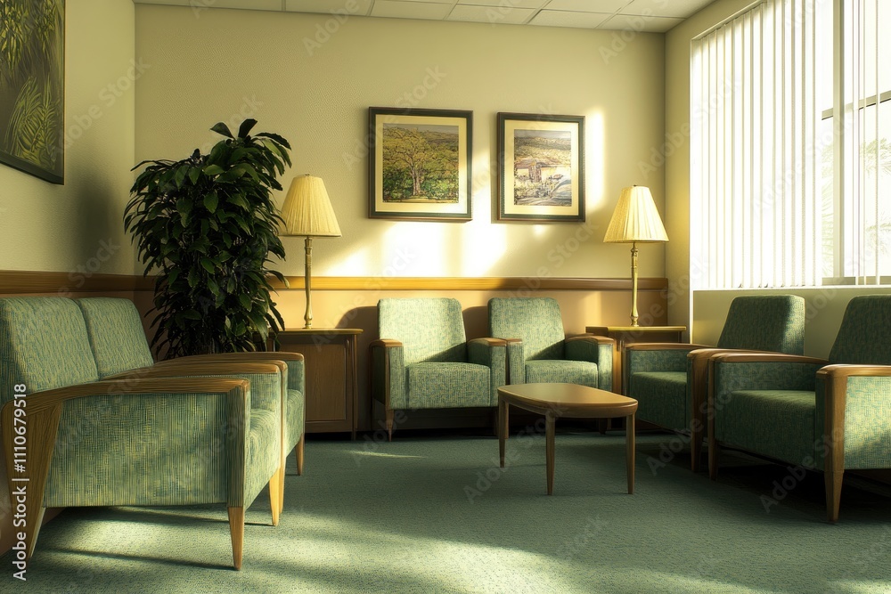 Fototapeta premium Sunlit Waiting Room With Green Chairs And Artwork