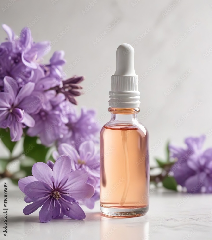 Close-up of lilac essential oil bottle with dropper on white background, aromatherapy, beauty, relaxation Close-up of lilac essential oil bottle with dropper on white background, aromatherapy, beauty, relaxation