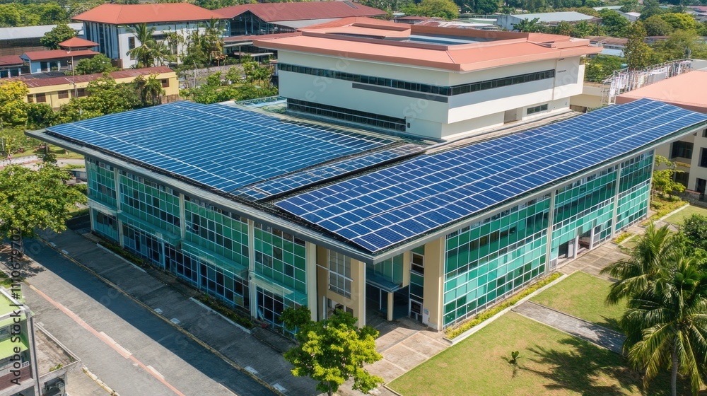 Aerial view of a building with solar panels on its roof. Aerial view of a building with solar panels on its roof.
