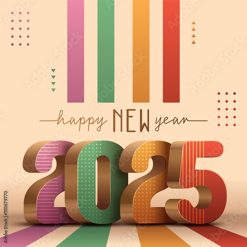 happy new year 2025 colorful square banner, 2025 3d golden illustration with geometric patterns and happy new year calligraphy text