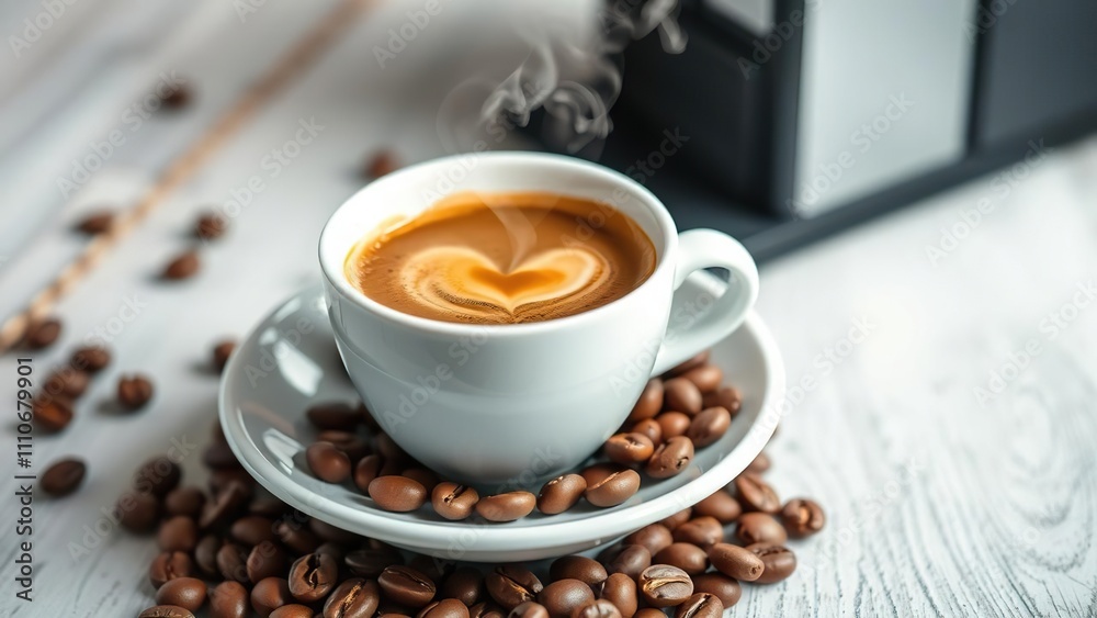 Freshly brewed coffee in cup with heart shape steam and beans, morning light, invigorating Freshly brewed coffee in cup with heart shape steam and beans, morning light, invigorating