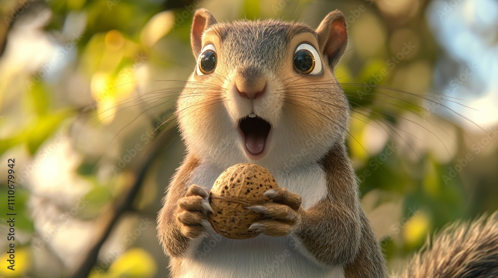 A surprised cartoon squirrel holding a nut, set against a blurred natural background.