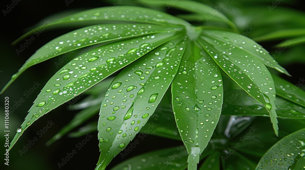 A close-up image showcasing lush green leaves adorned with glistening water droplets after a refreshing rain shower, highlighting nature's beauty and vibrancy A close-up image showcasing lush green leaves adorned with glistening water droplets after a refreshing rain shower, highlighting nature's beauty and vibrancy