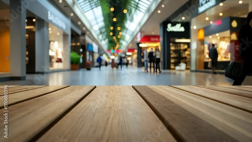 Wallpaper Mural Shopping mall interior with wooden table in foreground and shoppers walking in the background Torontodigital.ca