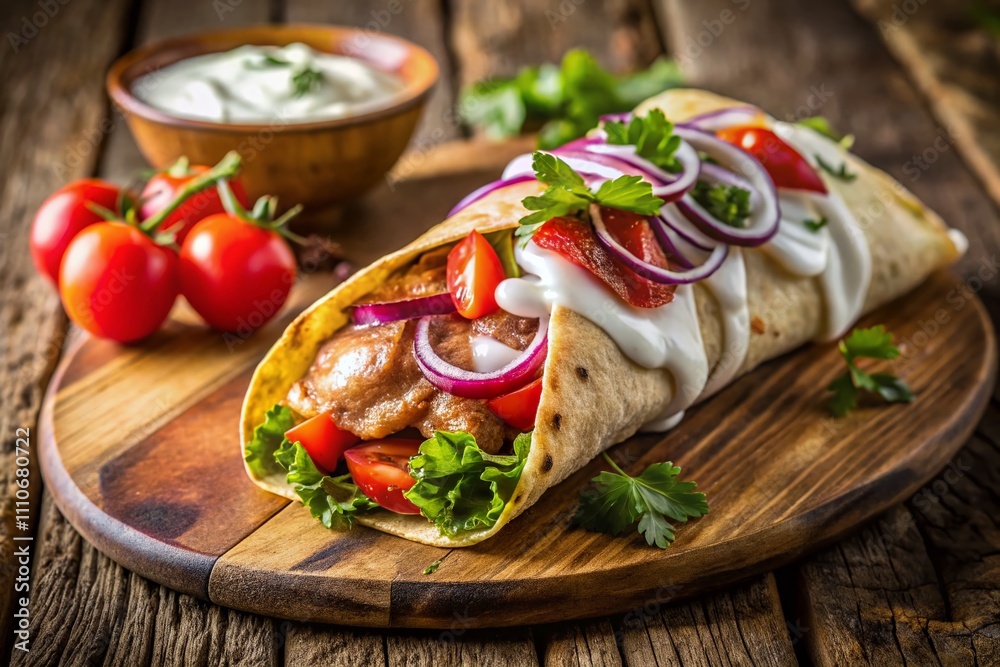 Delicious Grilled Chicken Wrap with Yogurt Sauce, Fresh Vegetables and Red Onion - A Mouthwatering Culinary Delight Perfect for Healthy Eating and Quick Meals