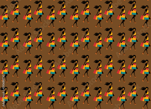 Vibrant, repeating pattern featuring fashion-forward women ready for a shopping spree