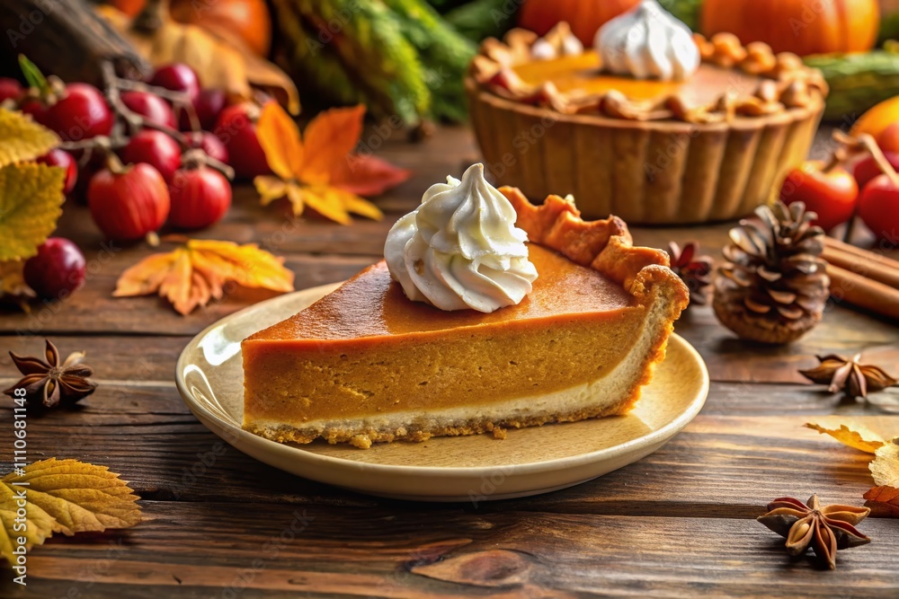 Delicious Slice of Traditional Pumpkin Pie with Whipped Cream for Thanksgiving Dinner - A Festive Dessert Highlighting Seasonal Flavors and Holiday Traditions