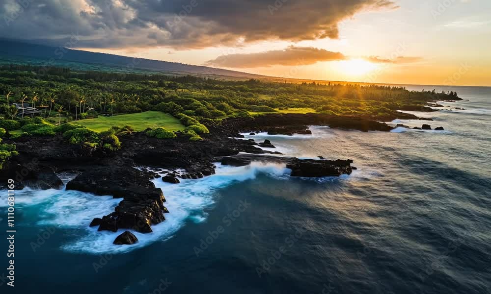 The view of sea waves crashing on the rocks at the edge of the forest can be seen from a drone video camera The view of sea waves crashing on the rocks at the edge of the forest can be seen from a drone video camera