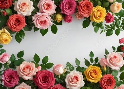 Assorted color roses with green leaves border, vibrant, arrangement