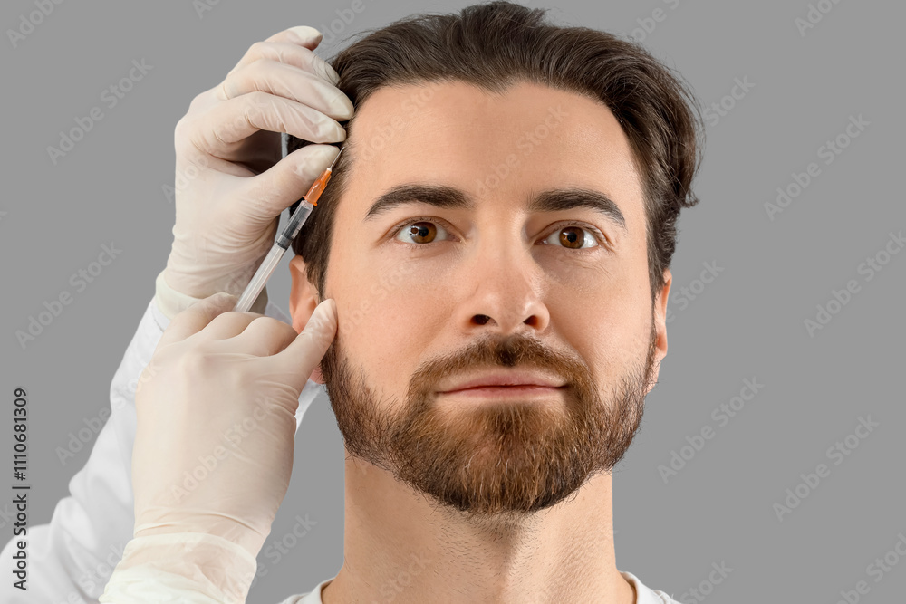 Handsome man receiving injection for hair growth on grey background, closeup Handsome man receiving injection for hair growth on grey background, closeup