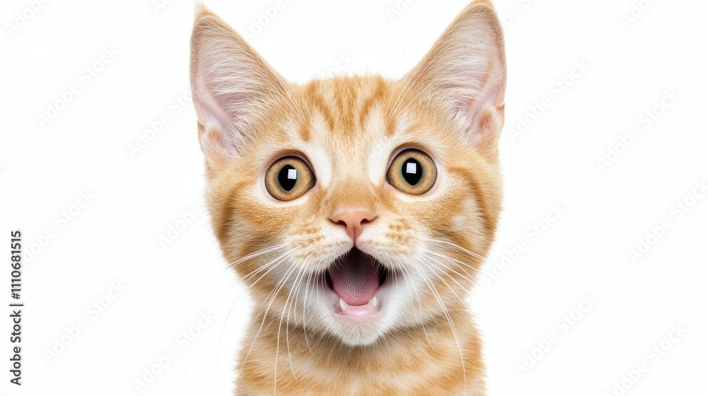 A surprised orange tabby cat with wide eyes and an open mouth against a white background. A surprised orange tabby cat with wide eyes and an open mouth against a white background.