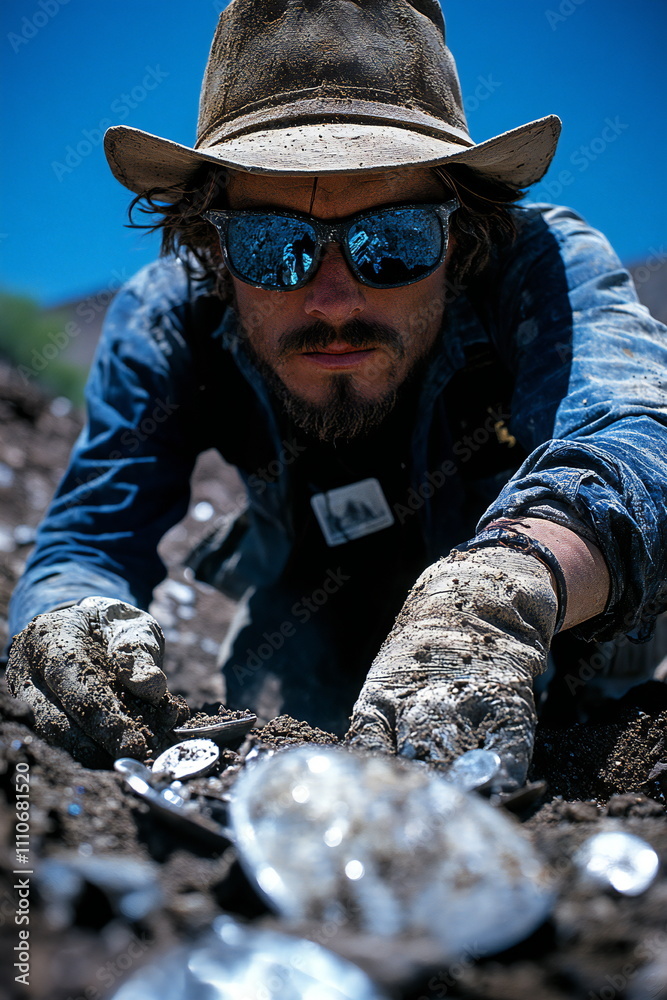Miner carefully digging in the earth to uncover shiny gemstones on a sunny day in a rural mining area Miner carefully digging in the earth to uncover shiny gemstones on a sunny day in a rural mining area