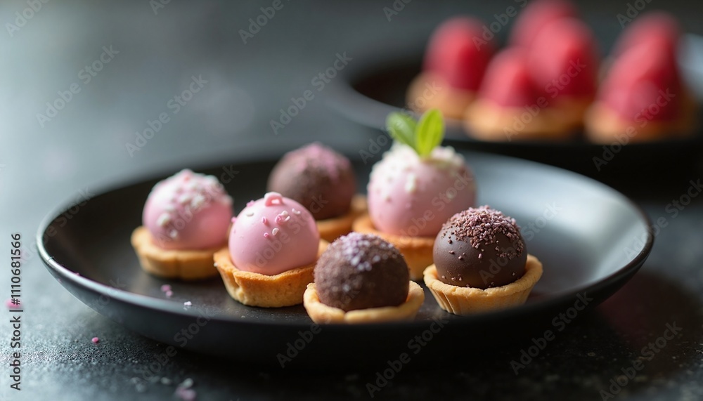 Colorful mini dessert tarts on black plate, gourmet indulgence Colorful mini dessert tarts on black plate, gourmet indulgence
