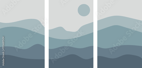 Abstract mountain silhouettes in a soothing blue palette. Minimalist and modern design for wall art or digital backgrounds.
