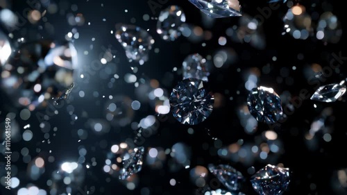 Sparkling diamonds in motion with soft bokeh lighting on a dark background for luxury or product promotional videos