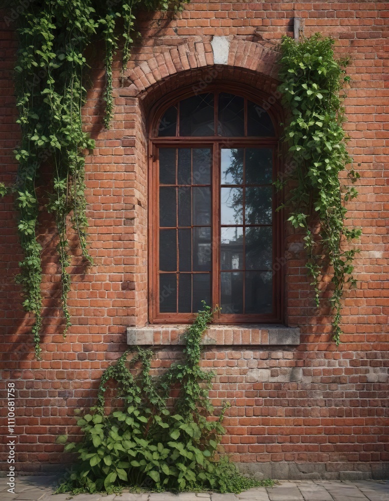 Old red brick wall with lattice window and vines creeping up, architecture, nature, vintage Old red brick wall with lattice window and vines creeping up, architecture, nature, vintage