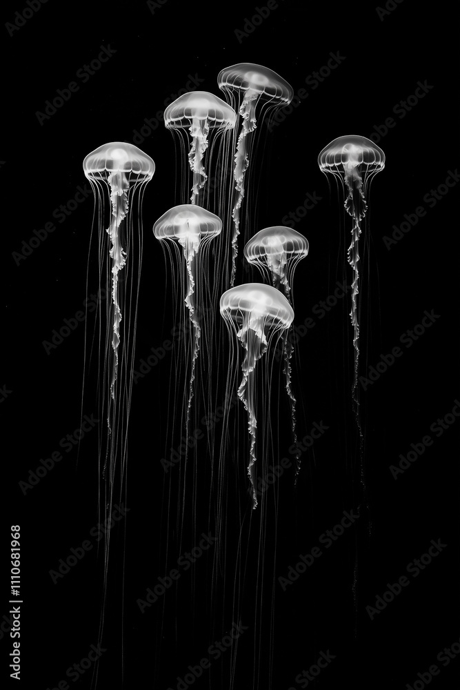 Several glowing blue jellyfish floating in a dark, glowing background, in a black and white style with a glowing contrast.