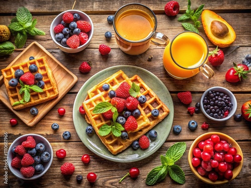 Delightful Waffles Topped with Fresh Berries Served with a Glass of Orange Juice and a Cup of Coffee on a Rustic Table Setting for a Perfect Breakfast Experience