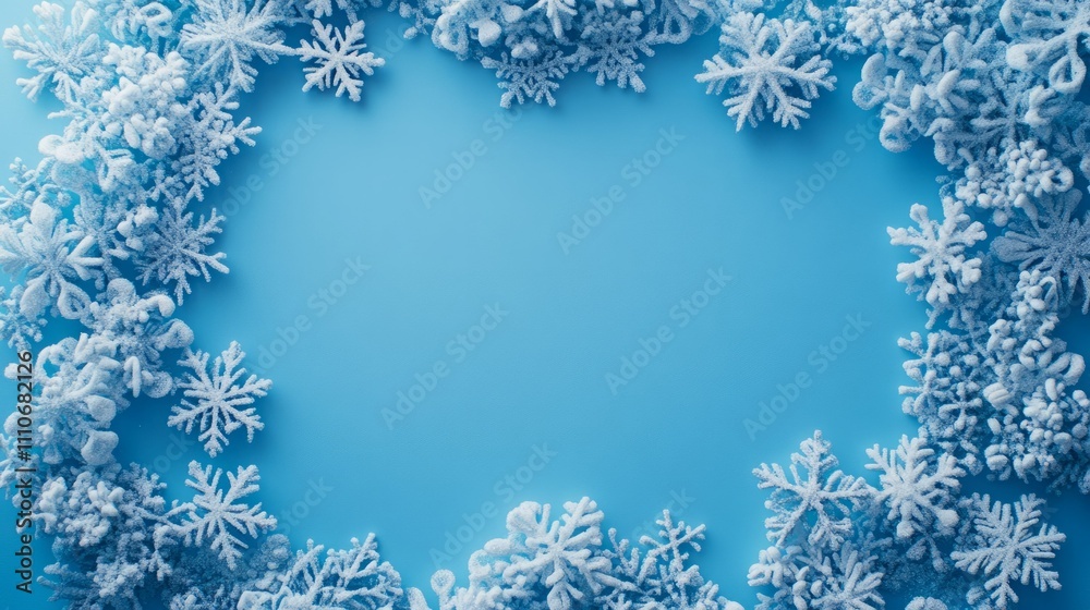 Winter wonderland! Frosty snowflakes arranged on a bright blue background. Winter wonderland! Frosty snowflakes arranged on a bright blue background.