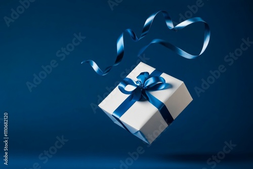 White gift box with blue ribbon in the air, blue color background