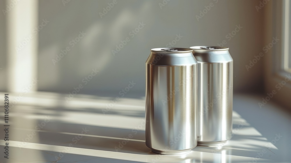 Two metallic cans are positioned on a surface, illuminated by soft sunlight. Two metallic cans are positioned on a surface, illuminated by soft sunlight.