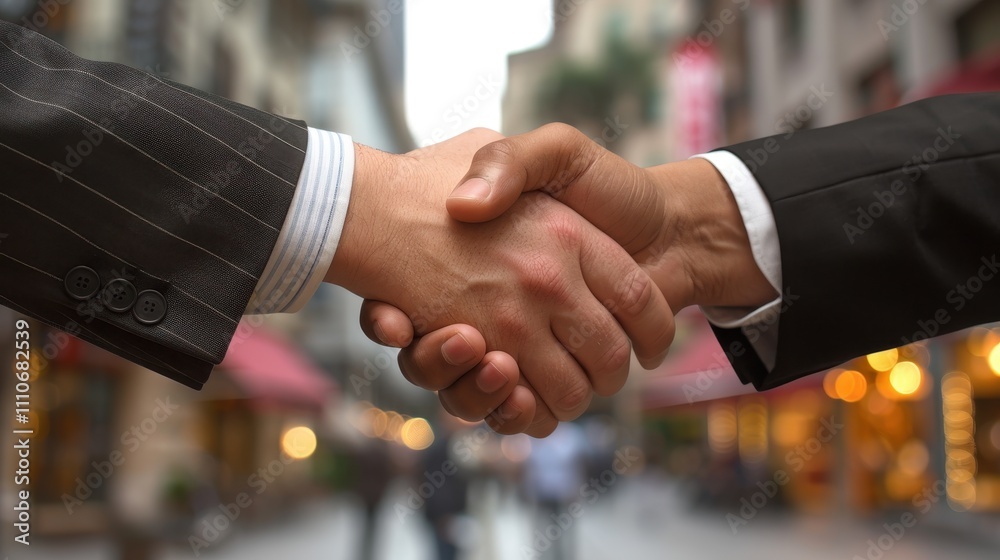 Two business professionals shake hands in a bustling urban environment, symbolizing agreement and partnership.
