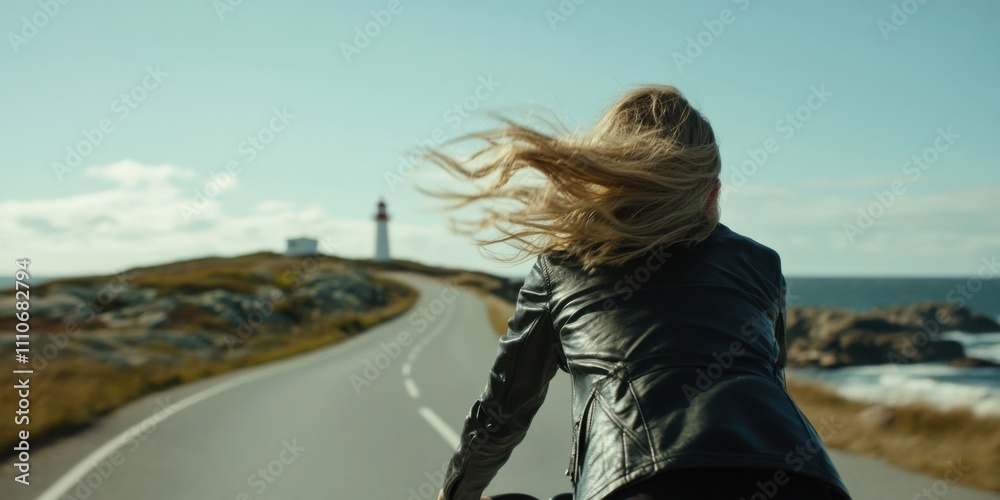 A woman is riding a bicycle towards an iconic lighthouse situated along a stunning scenic road A woman is riding a bicycle towards an iconic lighthouse situated along a stunning scenic road
