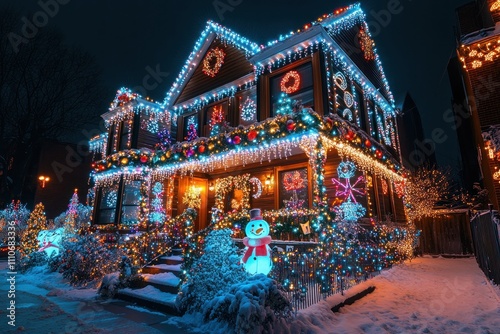 Festive house dazzlingly decorated with colorful Christmas lights, ornaments, and a snowman at night in winter. photo