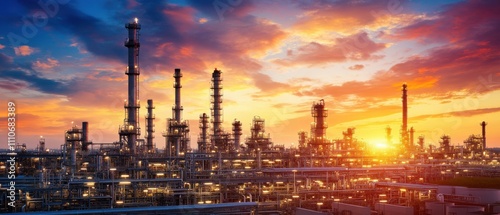 A sprawling oil refinery complex with towers and pipelines under a dramatic sunset sky, Oil refinery scene, Industrial majesty style