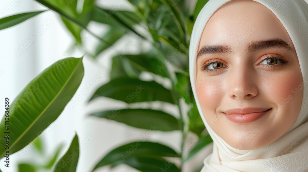 Smiling Woman in Hijab Surrounded by Green Indoor Plants Smiling Woman in Hijab Surrounded by Green Indoor Plants