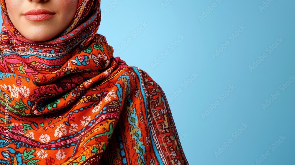 Beautiful Woman Wearing Colorful Scarf Against Bright Blue Background Beautiful Woman Wearing Colorful Scarf Against Bright Blue Background