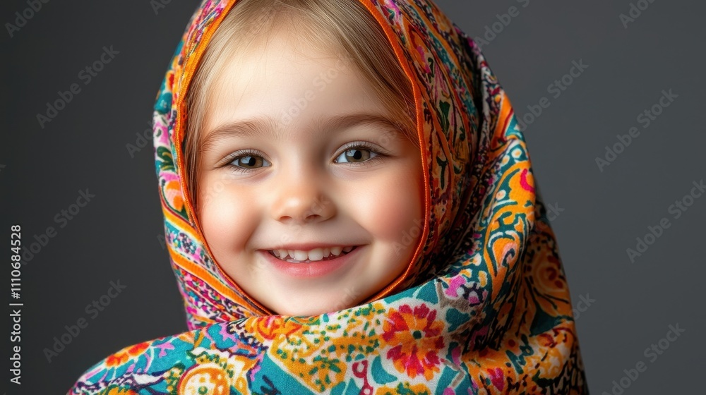 Joyful girl in colorful scarf with bright smile and expressive eyes