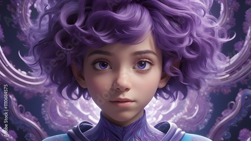 A close-up portrait of a young person with vibrant purple hair and matching eyes, AI Illustration