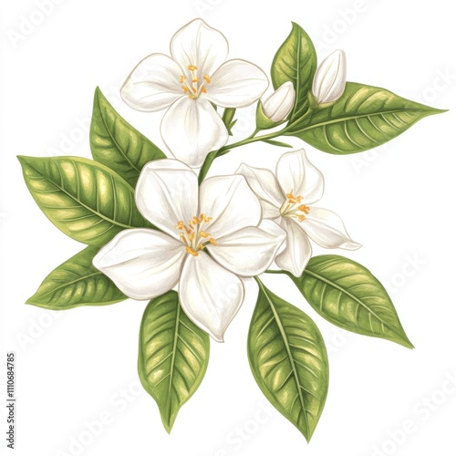 Here's a and keyword list suitable for stock photo submission.. White Blossoms Detailed illustration of three delicate orange blossoms with leaves.