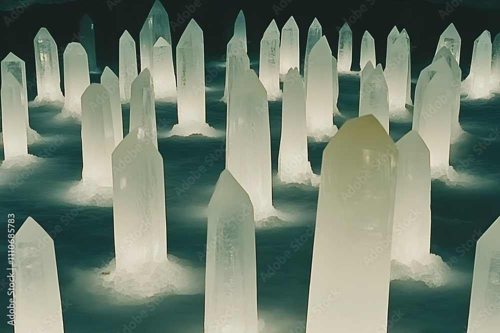 Obraz premium Illuminated crystalline structures resembling a mystical city, glowing softly in a dark environment. A captivating, ethereal scene.