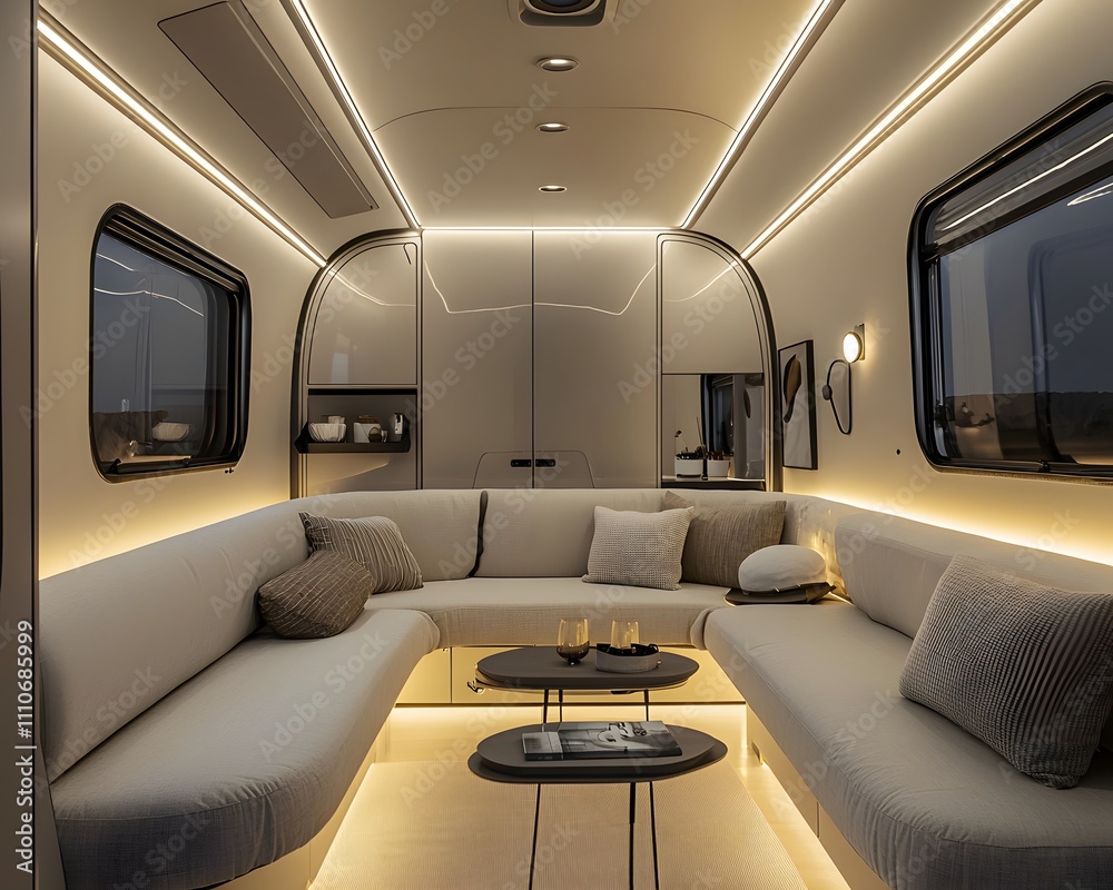Refined caravan interior with minimalist design and sleek finishes. Soft lighting and modern decor for a comfortable road trip. Refined caravan interior with minimalist design and sleek finishes. Soft lighting and modern decor for a comfortable road trip.