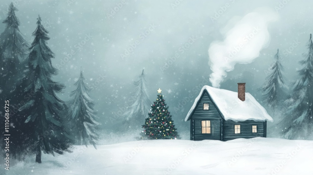 Cozy cabin in a snowy forest, Christmas tree, winter wonderland. Cozy cabin in a snowy forest, Christmas tree, winter wonderland.