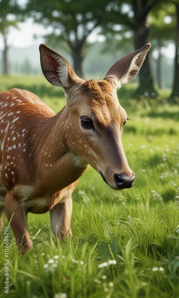 Close-up of a wild deer grazing in a lush green meadow, meadow, outdoors Close-up of a wild deer grazing in a lush green meadow, meadow, outdoors