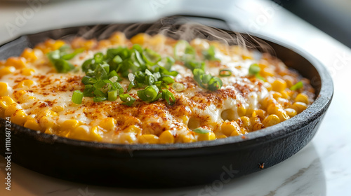 Korean Corn Cheese with Gochugaru Butter, Mozzarella and Green Onions, Street Food Photography