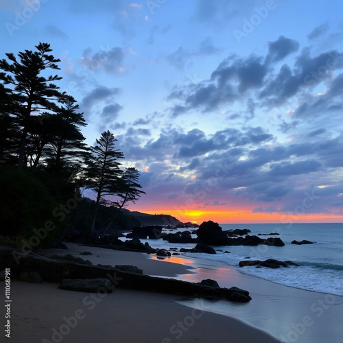 Sunset scenery of matama beach in oita photo