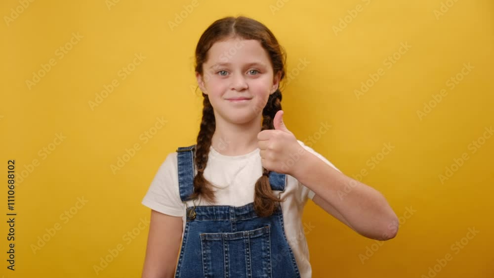 Portrait of happy adorable smiling preteen girl child show thumb up gesture, posing isolated over plain yellow color background wall in studio. Childhood lifestyle concept Portrait of happy adorable smiling preteen girl child show thumb up gesture, posing isolated over plain yellow color background wall in studio. Childhood lifestyle concept