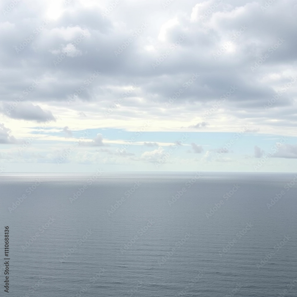 Fototapeta premium A calm blue sea with rolling waves and a distant island silhouetted against a cloudy sky.