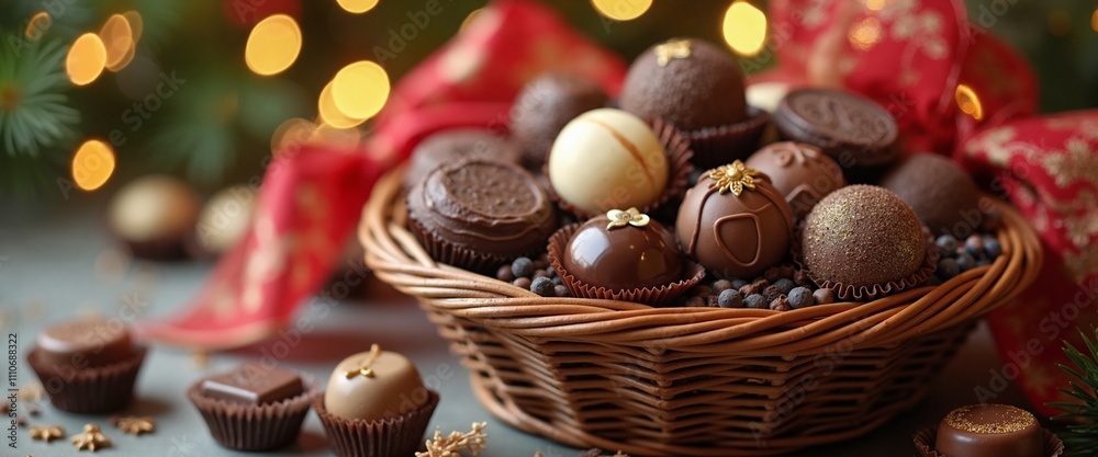 Festive chocolate truffles in basket, holiday indulgence Festive chocolate truffles in basket, holiday indulgence