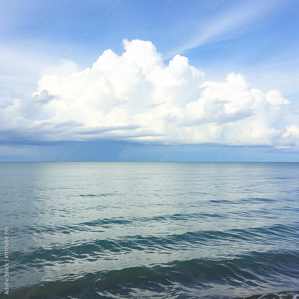 Obraz premium A calm blue sea with rolling waves and a distant island silhouetted against a cloudy sky.