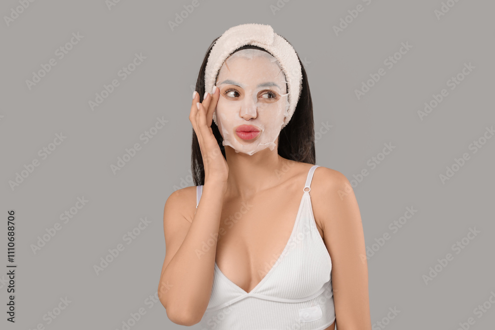 Beautiful young woman with facial sheet mask on grey background Beautiful young woman with facial sheet mask on grey background