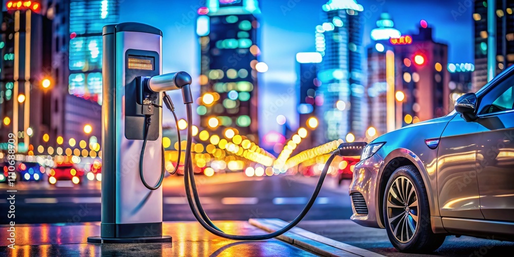Electric Car Charging Station with Bokeh Effect: A Modern Solution to Sustainable Energy Needs in Urban Landscapes Electric Car Charging Station with Bokeh Effect: A Modern Solution to Sustainable Energy Needs in Urban Landscapes