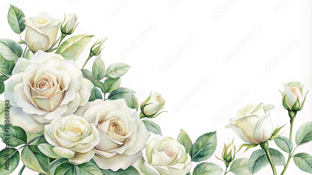 watercolor background of white roses with copy space for text watercolor background of white roses with copy space for text