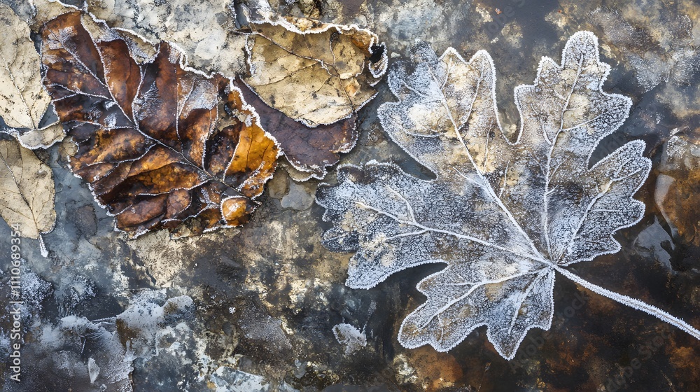 Frosty direds leaves on the ground background Frosty direds leaves on the ground background