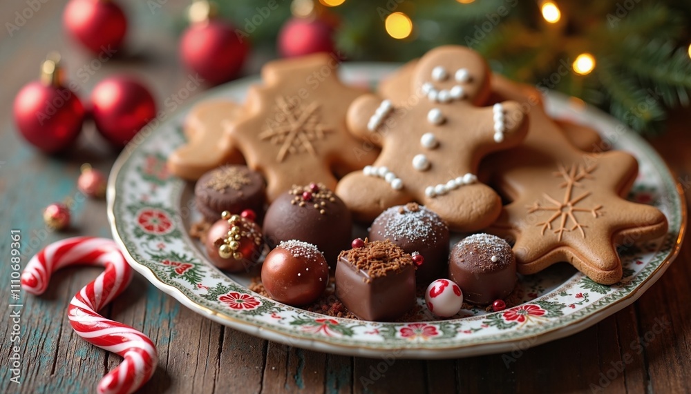 Festive Christmas cookies and chocolates on decorative plate